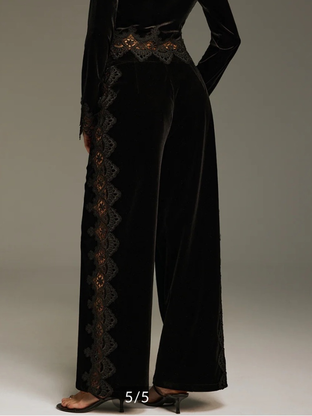 COMMENSE Velvet straight leg pants with Lace Panel - Picture 4 of 7